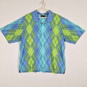 Payne Stewart Mens Argyle Golf Polo Shirt Blue Green Cotton XXL Preppy Grandpa